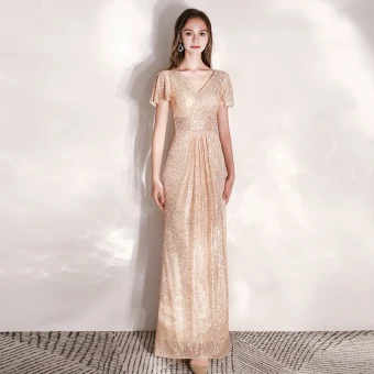 Scintillantes Champagne Robe De Soirée 2019 Princesse V Cou Paillettes Manches Courtes Longue Robe De Ceremonie