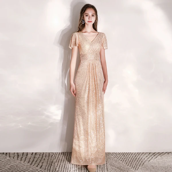 Sparkly Champagne Evening Dresses 2019 A-Line / Princess V-Neck Sequins Short Sleeve Floor-Length / Long Formal Dresses