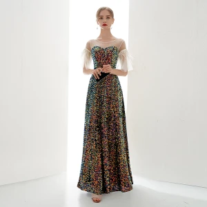 Charmant Multi Couleurs Robe De Soirée 2019 Princesse Encolure Dégagée Paillettes 1 2 Manches Dos Nu Longue Robe De Ceremonie
