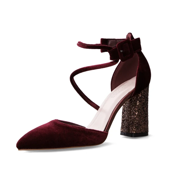 Charmant Bordeaux Soirée Sandales Femme 2019 Paillettes Daim Bride Cheville 8 cm Talons Épais À Bout Pointu Sandales