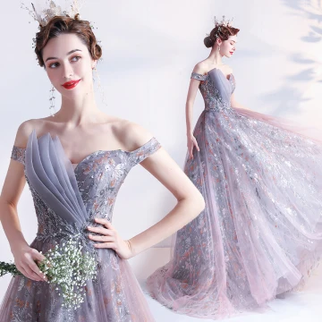 Fabuleux Violet Robe De Bal 2021 Princesse De L 039 Épaule Perlage Faux Diamant Paillettes En Dentelle Fleur Sans Manches Dos Nu Train De Balayage Robe De Ceremonie