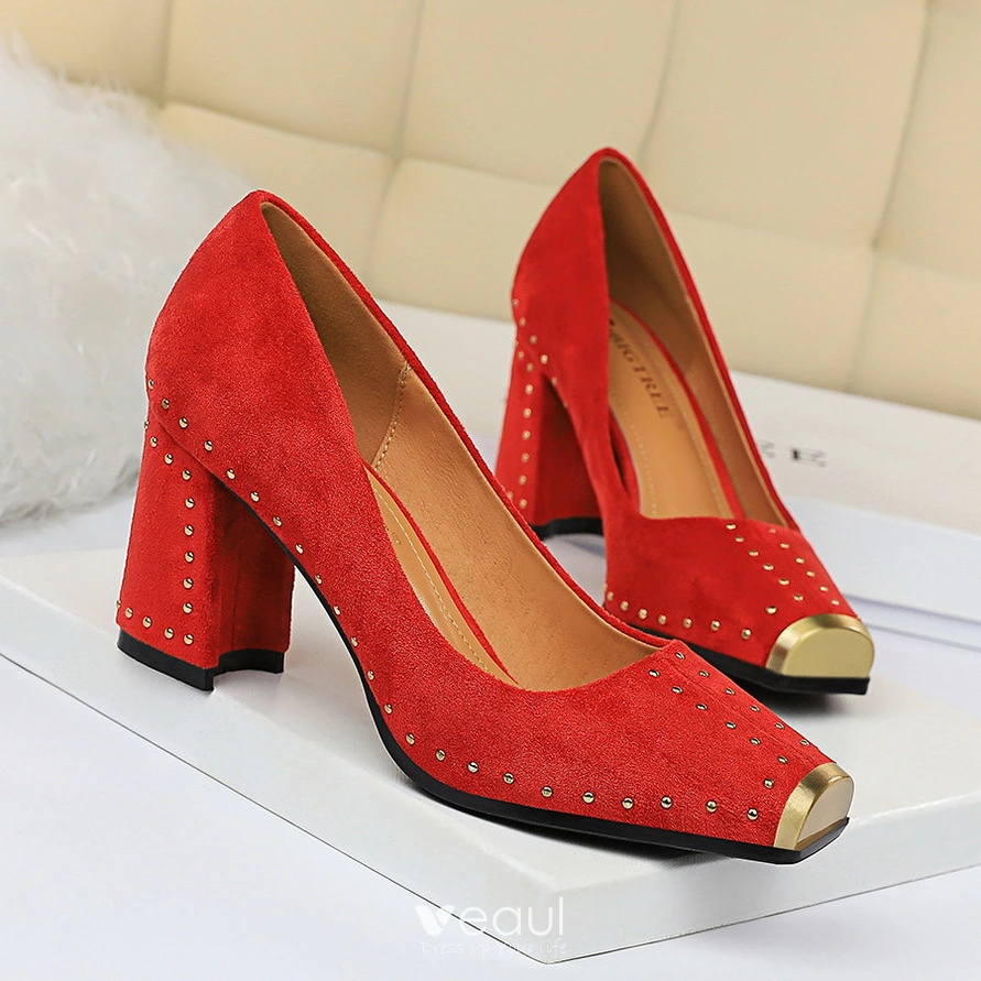 Vintage Retro Red Casual Pumps 2019 Suede Rivet 7 cm Thick Heels Square Toe Pumps