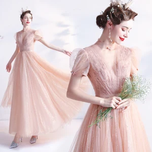 Fashion Blushing Pink Homecoming Graduation Dresses 2021 A Line Princess High Neck Beading Pearl Sequins Short Sleeve Backless Floor Length Long Formal Dresses
