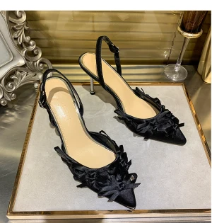 Piękne Czarne Bal Kokarda Slingback Sandały Damskie 2021 7 Cm Szpilki Szpiczaste Sandały Wysokie Obcasy