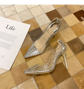 Sexy Transparent Silver Evening Party Rhinestone Pumps 2021 10 Cm Stiletto Heels Pointed Toe Pumps High Heels