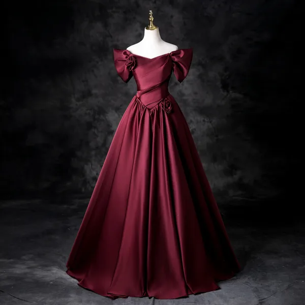 Elegant Burgundy Ball Gown Prom Dresses 2025 Off-The-Shoulder Short Sleeve Backless Floor-Length / Long Prom Formal Dresses