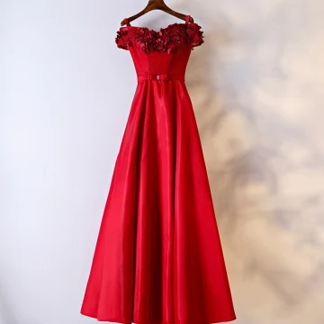 Mooie Prachtige Rode Gelegenheid Jurken Avondjurken 2017 Kant Bloem Strik Parel Schouders Korte Mouwen Lange A Lijn Kunstbloemen