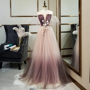 Charming Gradient Color Purple Evening Dresses 2019 A Line Princess Scoop Neck Beading Appliques Crystal Sequins Short Sleeve Backless Floor Length Long Formal Dresses