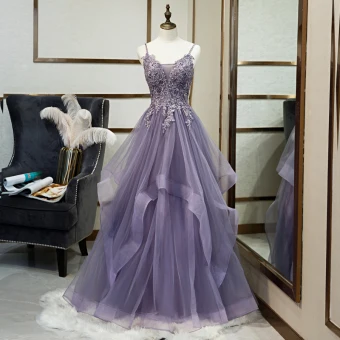 Classy Lavender Evening Dresses 2019 A Line Princess Sleeveless Beading Crystal Sequins Lace Flower Spaghetti Straps Backless Floor Length Long Formal Dresses