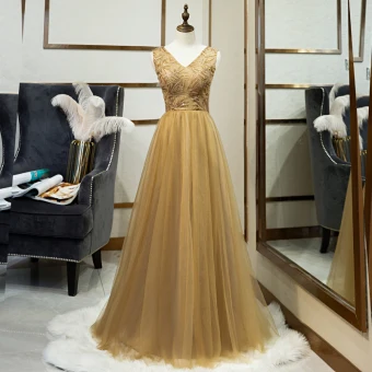 Élégant Doré Robe De Soirée 2019 Princesse V Cou Perlage En Dentelle Paillettes Sans Manches Dos Nu Longue Robe De Ceremonie