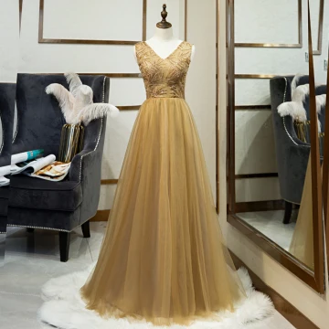 Elegant Gold Evening Dresses 2019 A Line Princess V Neck Beading Lace Sequins Sleeveless Backless Floor Length Long Formal Dresses