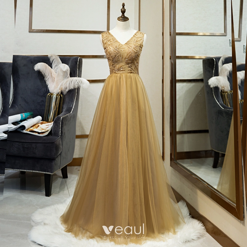 Elegant Gold Evening Dresses 2019 A Line Princess V Neck Beading Lace Sequins Sleeveless Backless Floor Length Long Formal Dresses
