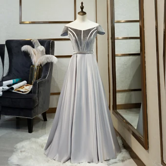 Classique Gris Robe De Bal 2019 Princesse De L 039 Épaule Daim Manches Courtes Dos Nu Longue Robe De Ceremonie