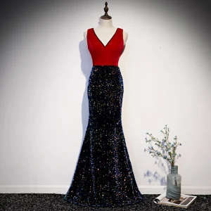 Charming Red Evening Dresses 2019 Trumpet Mermaid V Neck Sequins Sleeveless Backless Floor Length Long Formal Dresses