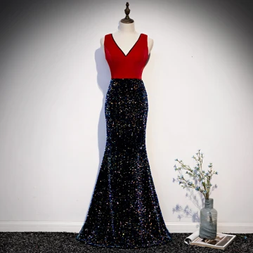 Charmant Rouge Robe De Soirée 2019 Trompette Sirène V Cou Paillettes Sans Manches Dos Nu Longue Robe De Ceremonie
