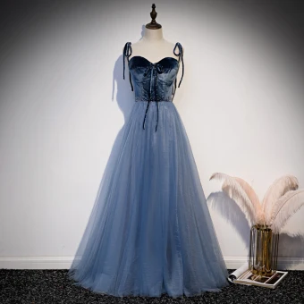 Chic Océan Bleu Robe De Bal 2020 Princesse Bretelles Spaghetti Noeud Daim Sans Manches Dos Nu Longue Robe De Ceremonie