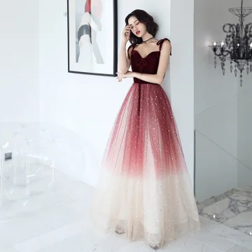 Charmant Bordeaux Dégradé De Couleur Robe De Soirée 2019 Princesse Bretelles Spaghetti Noeud Sans Manches Dos Nu Paillettes Longue Robe De Ceremonie