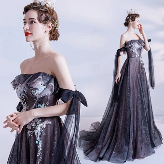 Charmant Noire Robe De Bal 2021 Princesse De L 039 Épaule Perlage Paillettes Manches Courtes Dos Nu Longue Robe De Ceremonie
