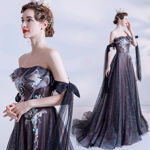 Charming Black Prom Dresses 2021 A Line Princess Off The Shoulder Beading Sequins Short Sleeve Backless Floor Length Long Formal Dresses