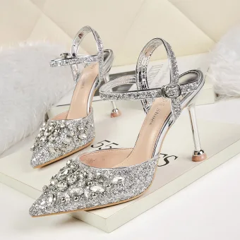 Sparkly Silver Evening Party Womens Shoes 2019 Ankle Strap Rhinestone Sequins 9 Cm Stiletto Heels Pointed Toe High Heels