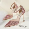 Charming Rose Gold Evening Party Womens Shoes 2020 Ankle Strap Sequins 9 cm Stiletto Heels Pointed Toe High Heels
