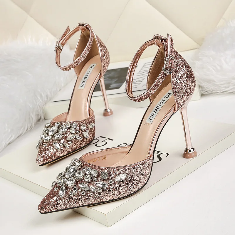 Sparkly Rose Gold Evening Party Womens Shoes 2019 Sequins Ankle Strap Rhinestone 9 cm Sparkly Rose Gold Evening Party Womens Shoes 2019 Sequins Ankle Strap Rhinestone 9 cm