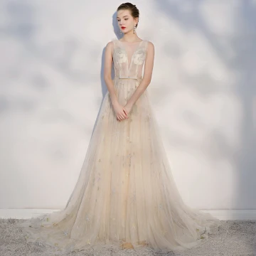 Elegant Champagne See Through Wedding Dresses 2018 A Line Princess Star Bow Scoop Neck Backless Sleeveless Court Train Wedding