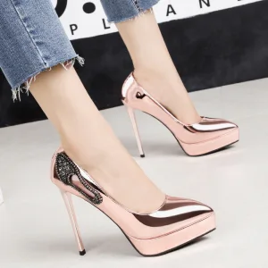 Classy Bronze Evening Party Pumps 2020 Patent Leather Rhinestone 13 Cm Stiletto Heels Pointed Toe Pumps