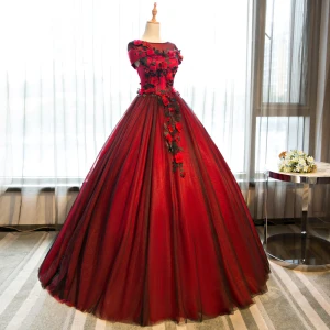 Chic Belle Quinceañera Bordeaux Robe De Bal 2018 Robe Boule Papillon Appliques U Cou Manches Courtes Longue Robe De Ceremonie