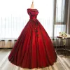 Chic / Beautiful Quinceañera Burgundy Prom Dresses 2018 Ball Gown Butterfly Appliques U-Neck Short Sleeve Floor-Length / Long Formal Dresses