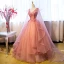 Chic / Beautiful Pearl Pink Cascading Ruffles Formal Dresses 2018 Ball Gown Lace Appliques Pearl V-Neck Sleeveless Watteau Train Backless Floor-Length / Long Prom Dresses