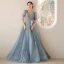 Fashion Sky Blue Prom Dresses Evening Dresses  2021 A-Line / Princess U-Neck Beading Rhinestone Short Sleeve Backless Floor-Length / Long Formal Dresses