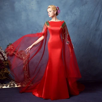 Chinese Style Red Evening Dresses 2018 Trumpet Mermaid Appliques Crystal Square Neckline Watteau Train Sleeveless Sweep Train Formal Dresses