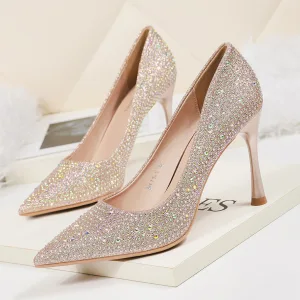 Charming Champagne Evening Party Pumps 2020 Rhinestone Sequins 9 Cm Stiletto Heels Pointed Toe Pumps