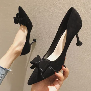 Eenvoudige Zwarte Toevallig Pumps 2020 Suede Strik 7 Cm Naaldhakken Stiletto Spitse Neus Pumps