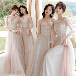 Fashion Blushing Pink Bridesmaid Dresses 2021 A Line Princess Scoop Neck Lace Flower Appliques 3 4 Sleeve Backless Floor Length Long Wedding Party Dresses