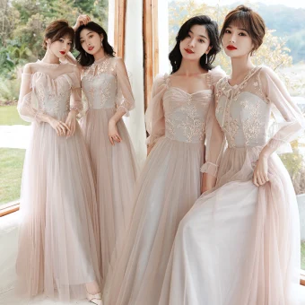 Fashion Blushing Pink Bridesmaid Dresses 2021 A Line Princess Scoop Neck Lace Flower Appliques 3 4 Sleeve Backless Floor Length Long Wedding Party Dresses