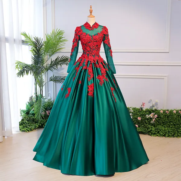 Vintage / Retro Quinceañera Ink Blue Prom Dresses 2018 Ball Gown Lace Appliques Pearl High Neck Backless Long Sleeve Floor-Length / Long Formal Dresses