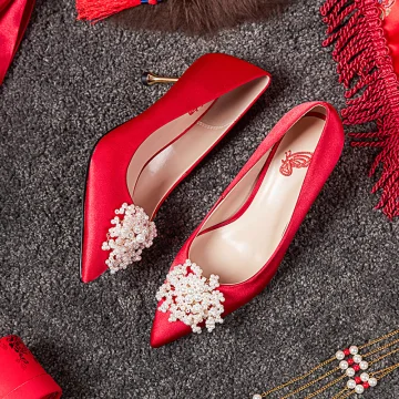 Stilig Röd Brudskor 2020 Satin Pärla 6 Cm Stilettklackar Spetsiga Bröllop Pumps