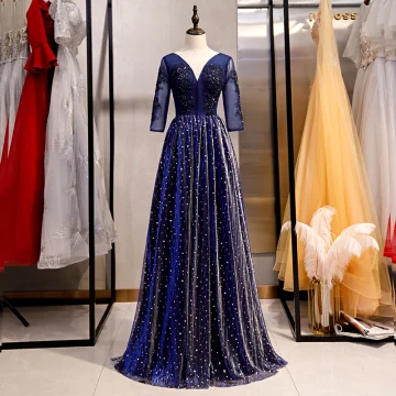 Élégant Bleu Roi Robe De Soirée 2020 Princesse V Cou Perlage Cristal En Dentelle Fleur Étoile 3 4 Manches Dos Nu Longue Robe De Ceremonie