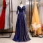 Elegant Royal Blue Evening Dresses  2020 A-Line / Princess V-Neck Beading Crystal Lace Flower Star 3/4 Sleeve Backless Floor-Length / Long Formal Dresses
