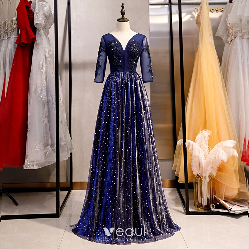 Elegant Royal Blue Evening Dresses 2020 A-Line / Princess V-Neck Beading Crystal Lace Flower Star 3/4 Sleeve Backless Floor-Length / Long Formal Elegant Royal Blue Evening Dresses 2020 A-Line / Princess V-Neck Beading Crystal Lace Flower Star 3/4 Sleeve Backless Floor-Length / Long Formal