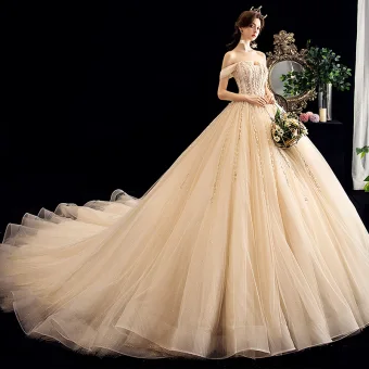 Charming Champagne Wedding Dresses 2020 Ball Gown Off The Shoulder Sequins Lace Flower Sleeveless Backless Chapel Train