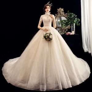 Vintage Retro Champagne Wedding Dresses 2020 A Line Princess High Neck Beading Pearl Lace Short Sleeve Backless Chapel Train