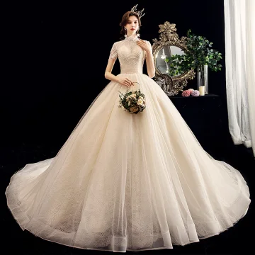 Vintage Retro Champagne Wedding Dresses 2020 A Line Princess High Neck Beading Pearl Lace Short Sleeve Backless Chapel Train