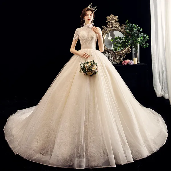 Vintage / Retro Champagne Wedding Dresses 2020 A-Line / Princess High Neck Beading Pearl Lace Short Sleeve Backless Chapel Train