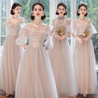 Modest Simple Blushing Pink Bridesmaid Dresses 2021 A Line Princess V Neck Lace Flower Appliques Short Sleeve Backless Floor Length Long Wedding Party Dresses