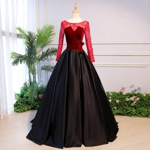 Élégant Noire Robe De Bal 2018 Robe Boule Perlage Noeud Encolure Dégagée Dos Nu Manches Longues Train De Balayage Robe De Ceremonie