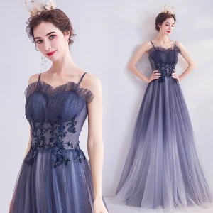 Chic Dégradé De Couleur Violet Robe De Soirée 2020 Princesse Bretelles Spaghetti Cristal En Dentelle Fleur Faux Diamant Paillettes Sans Manches Dos Nu Longue Robe De Ceremonie