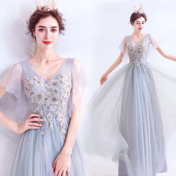 Elegant Grey Evening Dresses 2020 A Line Princess V Neck Pearl Rhinestone Lace Flower Short Sleeve Backless Floor Length Long Formal Dresses